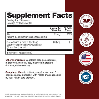 Sandhu's Zink Quercetin 60 Kapseln (1 Pack) | Hochdosiertes Zinkpräparat für Immunsystem und saisonale Allergien | Antioxidative Unterstützung für Männer und Frauen | Leicht zu schlucken
