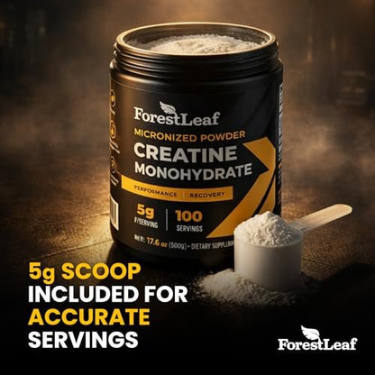 ForestLeaf Micronisiertes Creatin Monohydrat Pulver – Maximieren Sie Muskelwachstum & Kraft – Ungeschmacktes Creatin für Frauen und Männer – 5 g pro Portion – 100 Portionen