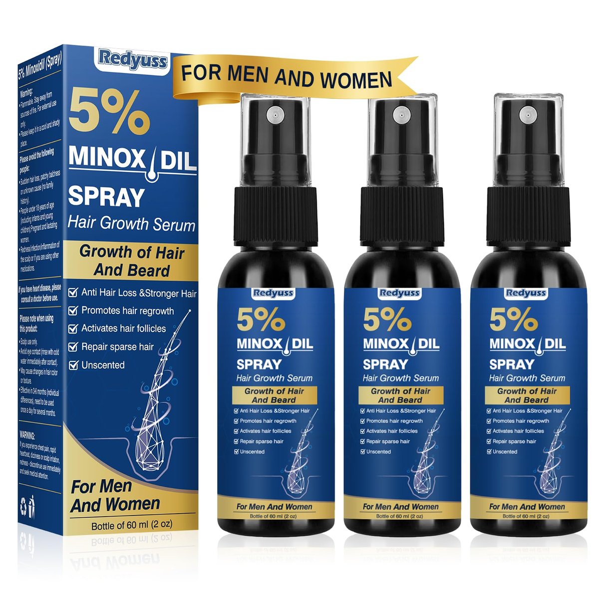 5% Minoxidil Spray für Männer und Frauen – Haarwuchs Serum mit Biotin gegen Haarausfall für dickeres, volleres und gesünderes Haar – 3 Flaschen à 60 ml