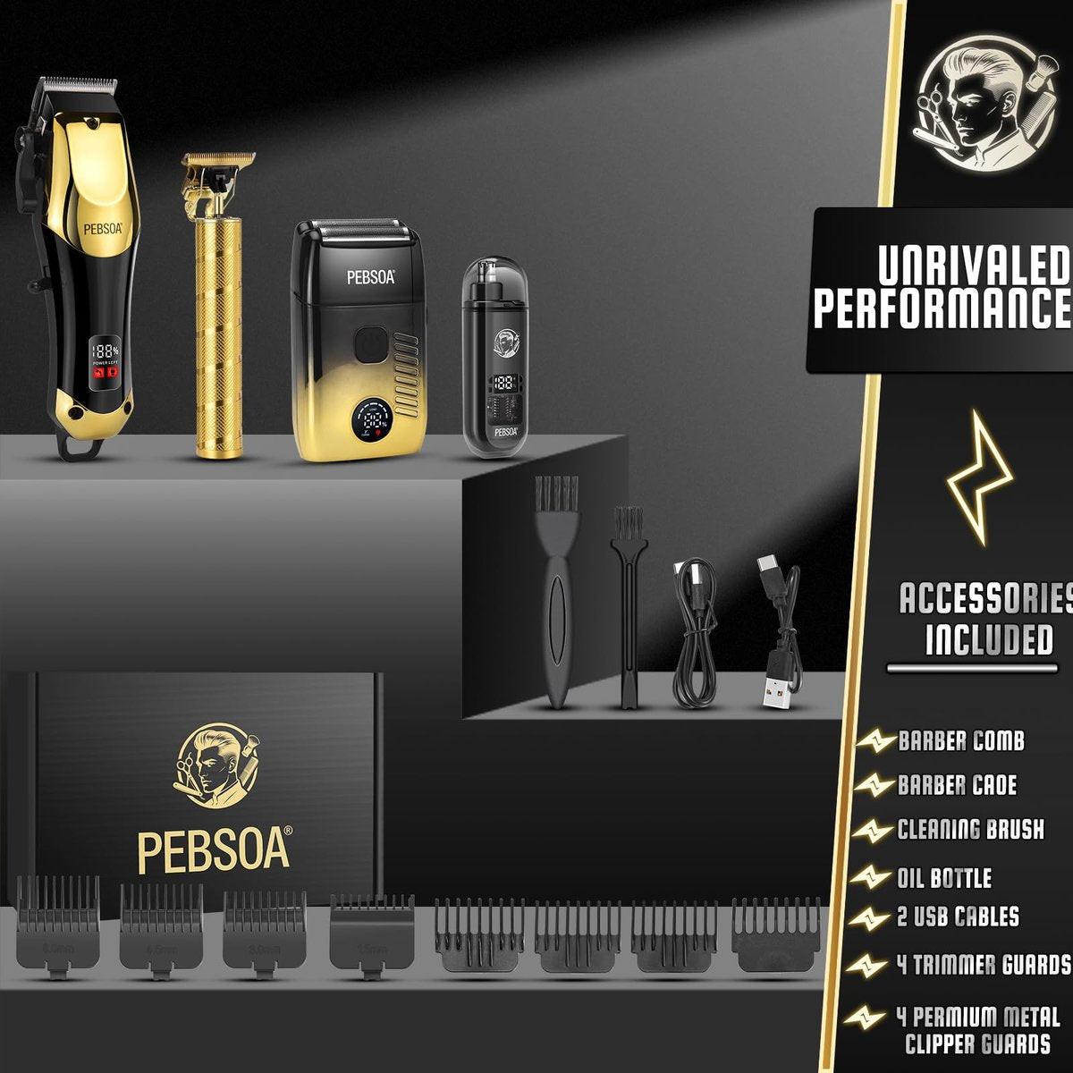 Professioneller Haarschneider für Männer mit LED-Display – 4-teiliges kabelloses Pflegeset: Haarschneider, T-Trimmer, Doppellagen-Folienrasierer und Nasenhaartrimmer – Komplettes Heim-Pflegeset in Gold