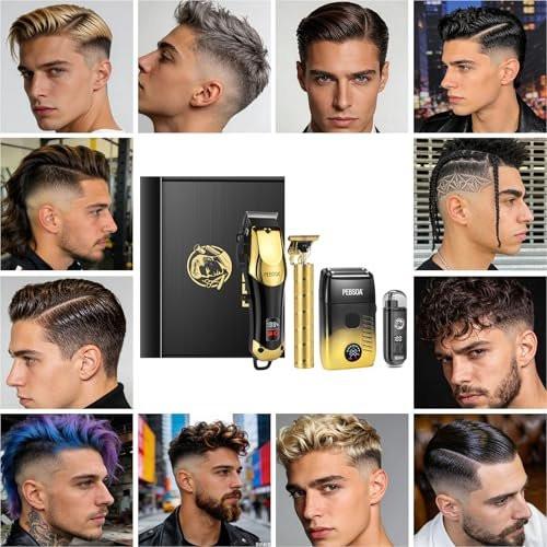 Professioneller Haarschneider für Männer mit LED-Display – 4-teiliges kabelloses Pflegeset: Haarschneider, T-Trimmer, Doppellagen-Folienrasierer und Nasenhaartrimmer – Komplettes Heim-Pflegeset in Gold