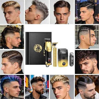 Professioneller Haarschneider für Männer mit LED-Display – 4-teiliges kabelloses Pflegeset: Haarschneider, T-Trimmer, Doppellagen-Folienrasierer und Nasenhaartrimmer – Komplettes Heim-Pflegeset in Gold