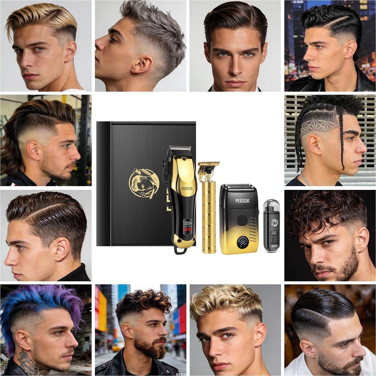 Professioneller Haarschneider für Männer mit LED-Display – 4-teiliges kabelloses Pflegeset: Haarschneider, T-Trimmer, Doppellagen-Folienrasierer und Nasenhaartrimmer – Komplettes Heim-Pflegeset in Gold