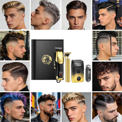 Professioneller Haarschneider für Männer mit LED-Display – 4-teiliges kabelloses Pflegeset: Haarschneider, T-Trimmer, Doppellagen-Folienrasierer und Nasenhaartrimmer – Komplettes Heim-Pflegeset in Gold