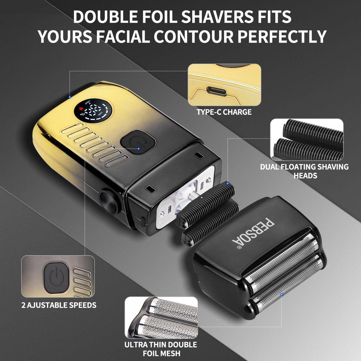 Professioneller Haarschneider für Männer mit LED-Display – 4-teiliges kabelloses Pflegeset: Haarschneider, T-Trimmer, Doppellagen-Folienrasierer und Nasenhaartrimmer – Komplettes Heim-Pflegeset in Gold