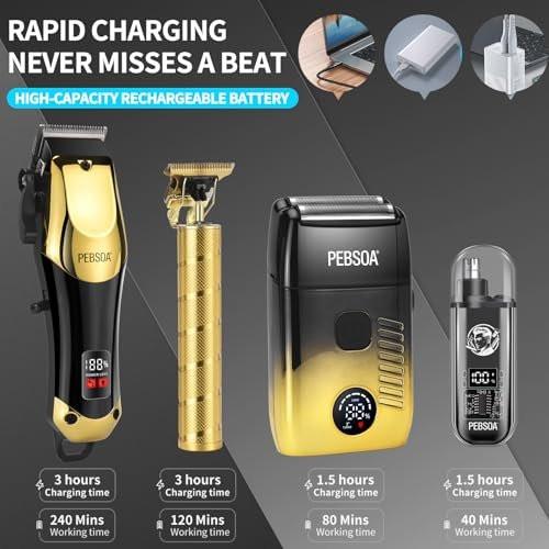 Professioneller Haarschneider für Männer mit LED-Display – 4-teiliges kabelloses Pflegeset: Haarschneider, T-Trimmer, Doppellagen-Folienrasierer und Nasenhaartrimmer – Komplettes Heim-Pflegeset in Gold