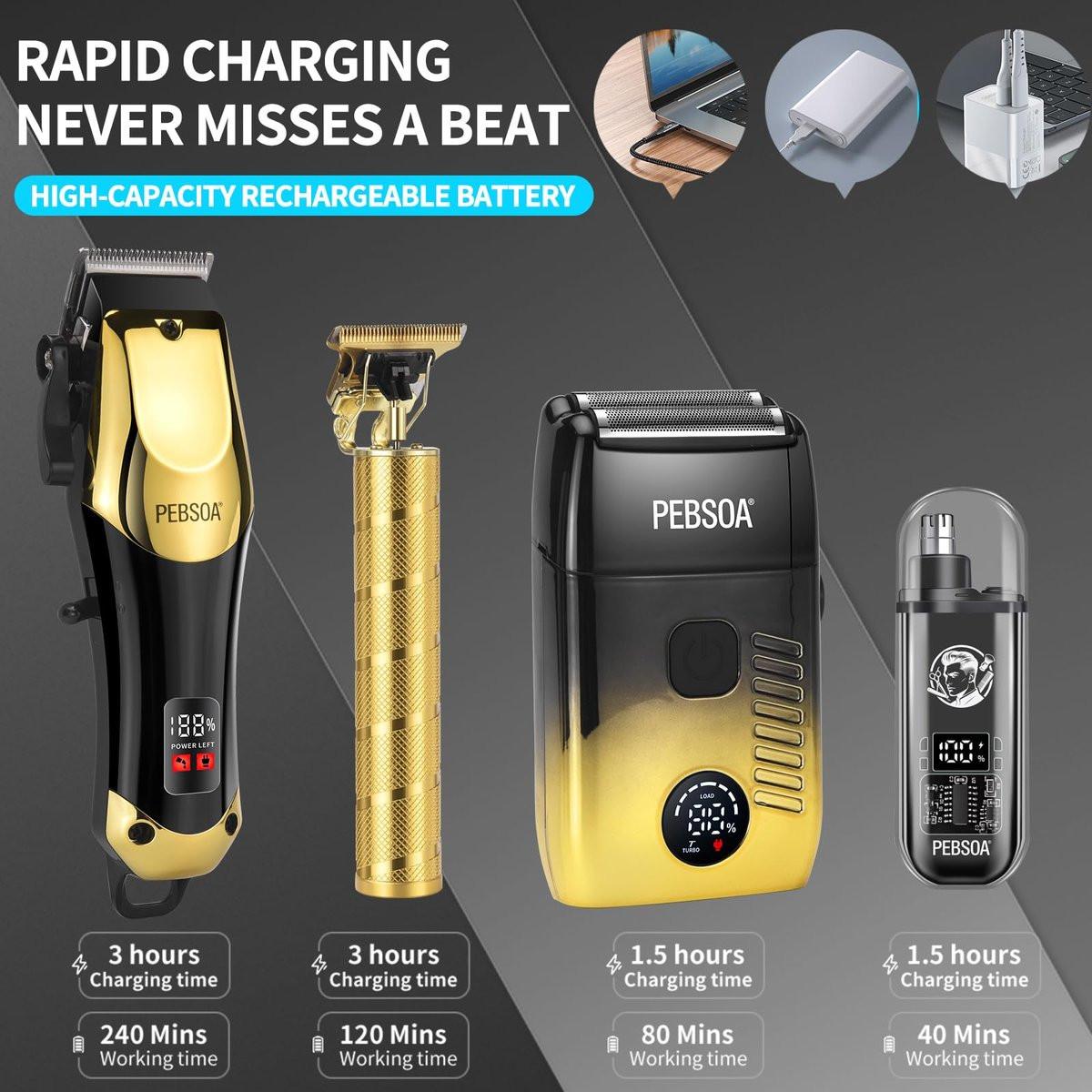 Professioneller Haarschneider für Männer mit LED-Display – 4-teiliges kabelloses Pflegeset: Haarschneider, T-Trimmer, Doppellagen-Folienrasierer und Nasenhaartrimmer – Komplettes Heim-Pflegeset in Gold