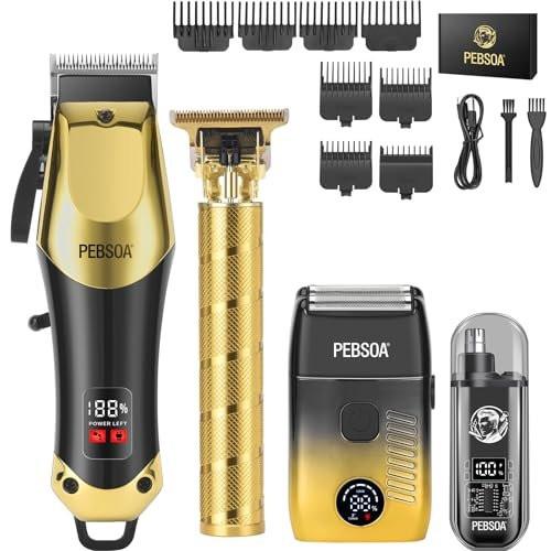 Professioneller Haarschneider für Männer mit LED-Display – 4-teiliges kabelloses Pflegeset: Haarschneider, T-Trimmer, Doppellagen-Folienrasierer und Nasenhaartrimmer – Komplettes Heim-Pflegeset in Gold