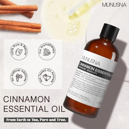 MUNUSNA Zimtöl 100 ml – 100% reines natürliches Zimtöl, Premium-Aromatherapieöl für Haare, Gesicht, Haut, Körper, Diffuser, Massage, Zuhause, Seifen- und Kerzenherstellung