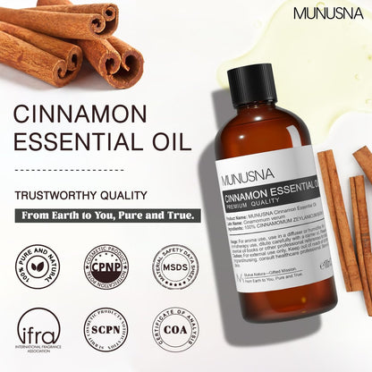 MUNUSNA Zimtöl 100 ml – 100% reines natürliches Zimtöl, Premium-Aromatherapieöl für Haare, Gesicht, Haut, Körper, Diffuser, Massage, Zuhause, Seifen- und Kerzenherstellung