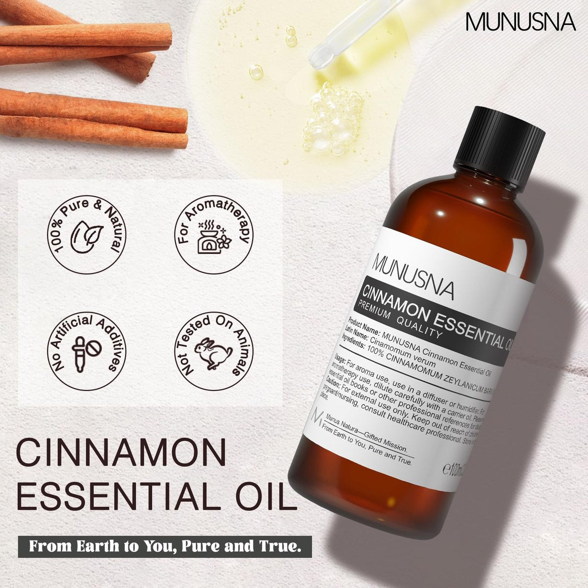 MUNUSNA Zimtöl 100 ml – 100% reines natürliches Zimtöl, Premium-Aromatherapieöl für Haare, Gesicht, Haut, Körper, Diffuser, Massage, Zuhause, Seifen- und Kerzenherstellung