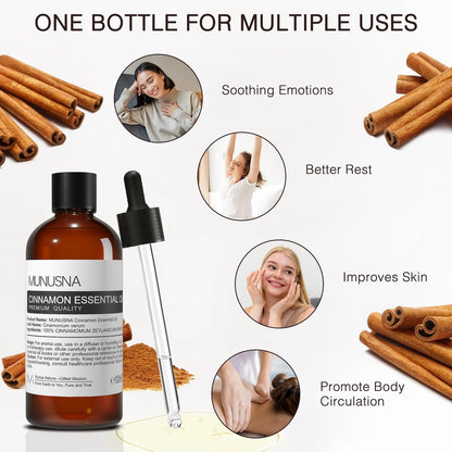 MUNUSNA Zimtöl 100 ml – 100% reines natürliches Zimtöl, Premium-Aromatherapieöl für Haare, Gesicht, Haut, Körper, Diffuser, Massage, Zuhause, Seifen- und Kerzenherstellung