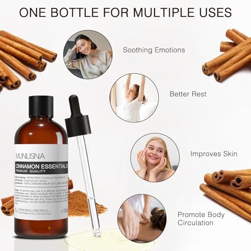 MUNUSNA Zimtöl 100 ml – 100% reines natürliches Zimtöl, Premium-Aromatherapieöl für Haare, Gesicht, Haut, Körper, Diffuser, Massage, Zuhause, Seifen- und Kerzenherstellung