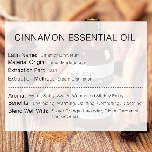 MUNUSNA Zimtöl 100 ml – 100% reines natürliches Zimtöl, Premium-Aromatherapieöl für Haare, Gesicht, Haut, Körper, Diffuser, Massage, Zuhause, Seifen- und Kerzenherstellung
