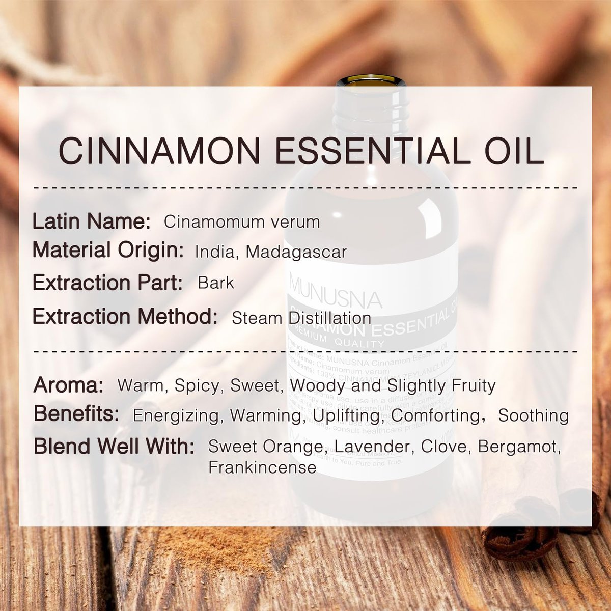 MUNUSNA Zimtöl 100 ml – 100% reines natürliches Zimtöl, Premium-Aromatherapieöl für Haare, Gesicht, Haut, Körper, Diffuser, Massage, Zuhause, Seifen- und Kerzenherstellung