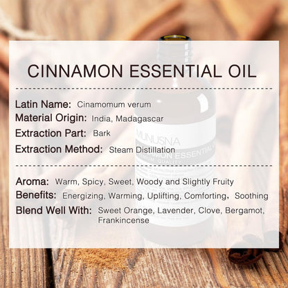 MUNUSNA Zimtöl 100 ml – 100% reines natürliches Zimtöl, Premium-Aromatherapieöl für Haare, Gesicht, Haut, Körper, Diffuser, Massage, Zuhause, Seifen- und Kerzenherstellung