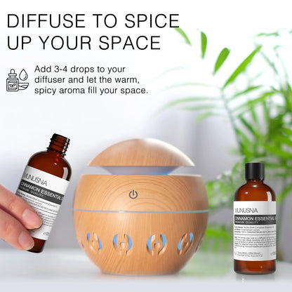 MUNUSNA Zimtöl 100 ml – 100% reines natürliches Zimtöl, Premium-Aromatherapieöl für Haare, Gesicht, Haut, Körper, Diffuser, Massage, Zuhause, Seifen- und Kerzenherstellung
