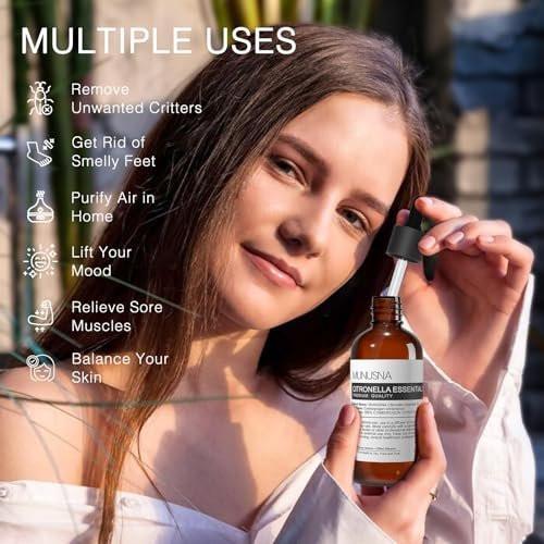 MUNUSNA Citronella Öl 100ml – 100% reines natürliches Citronella-Öl für Aromatherapie, Haut- und Haarpflege, selbstgemachte Sprays, Diffuser, Luftreinigung, Massage, Kerzen- und Seifenherstellung