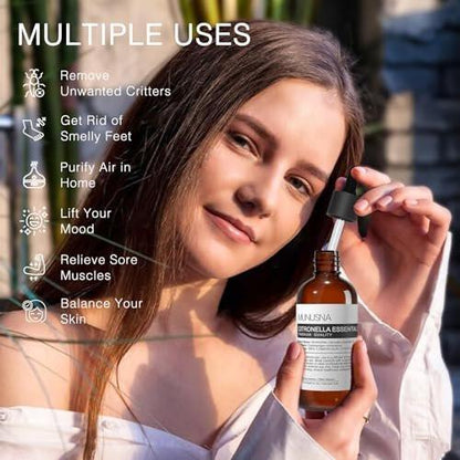 MUNUSNA Citronella Öl 100ml – 100% reines natürliches Citronella-Öl für Aromatherapie, Haut- und Haarpflege, selbstgemachte Sprays, Diffuser, Luftreinigung, Massage, Kerzen- und Seifenherstellung