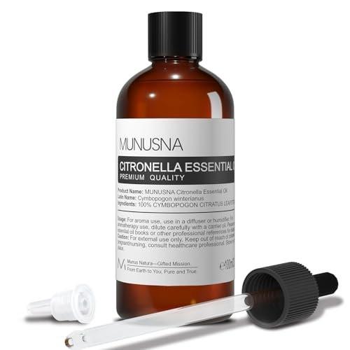 MUNUSNA Citronella Öl 100ml – 100% reines natürliches Citronella-Öl für Aromatherapie, Haut- und Haarpflege, selbstgemachte Sprays, Diffuser, Luftreinigung, Massage, Kerzen- und Seifenherstellung
