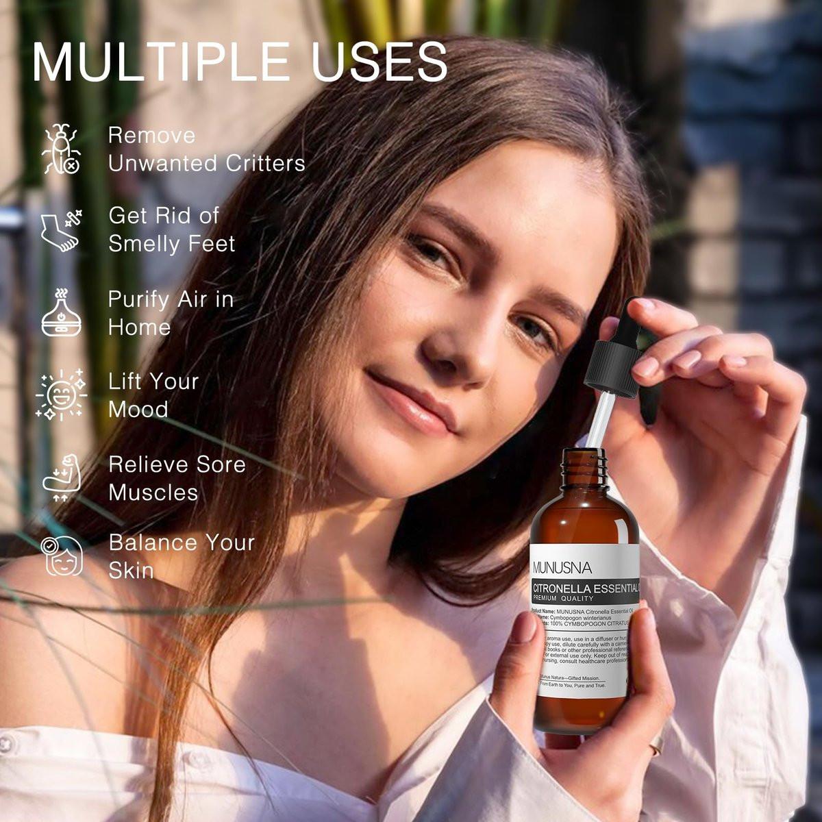 MUNUSNA Citronella Öl 100ml – 100% reines natürliches Citronella-Öl für Aromatherapie, Haut- und Haarpflege, selbstgemachte Sprays, Diffuser, Luftreinigung, Massage, Kerzen- und Seifenherstellung