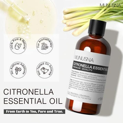 MUNUSNA Citronella Öl 100ml – 100% reines natürliches Citronella-Öl für Aromatherapie, Haut- und Haarpflege, selbstgemachte Sprays, Diffuser, Luftreinigung, Massage, Kerzen- und Seifenherstellung