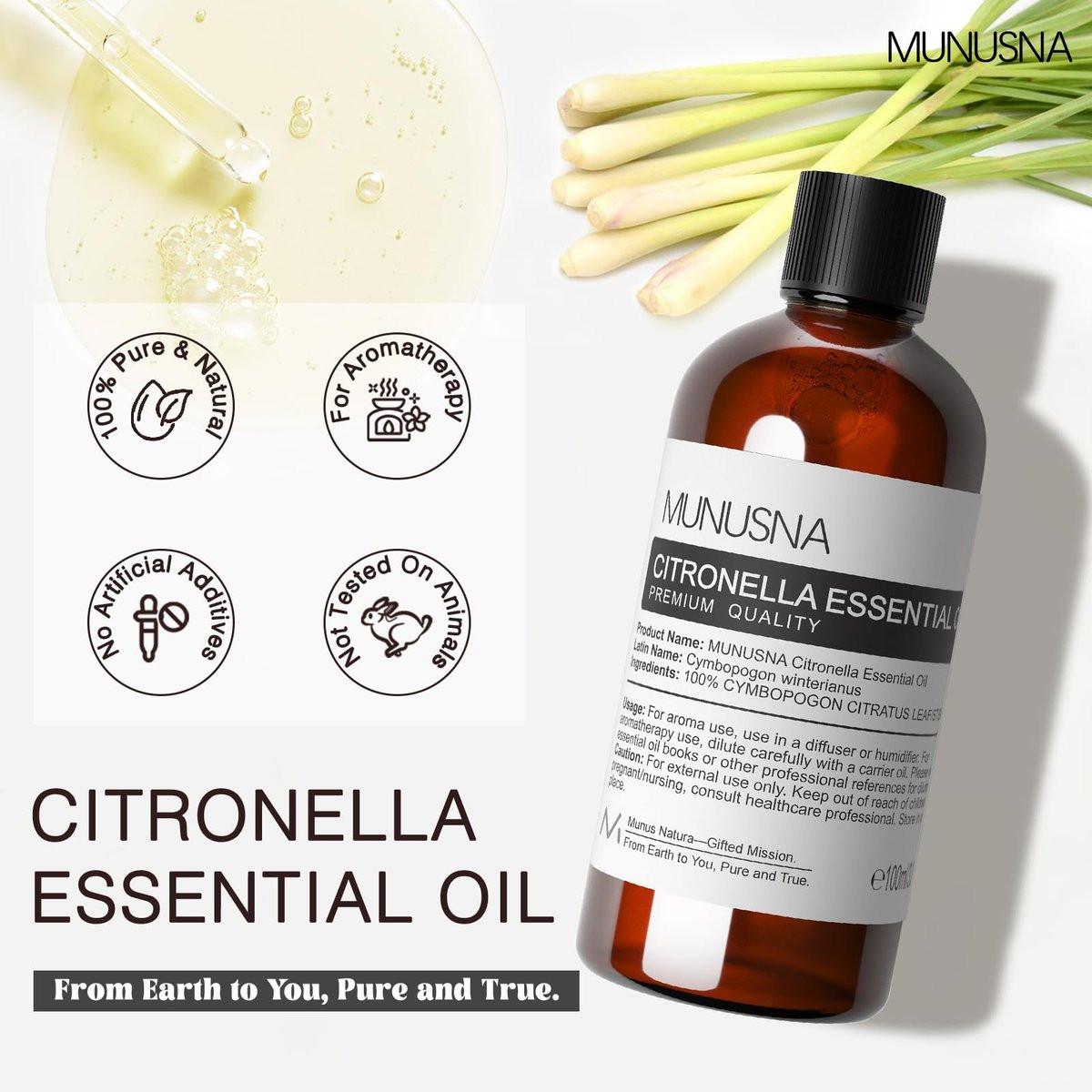 MUNUSNA Citronella Öl 100ml – 100% reines natürliches Citronella-Öl für Aromatherapie, Haut- und Haarpflege, selbstgemachte Sprays, Diffuser, Luftreinigung, Massage, Kerzen- und Seifenherstellung