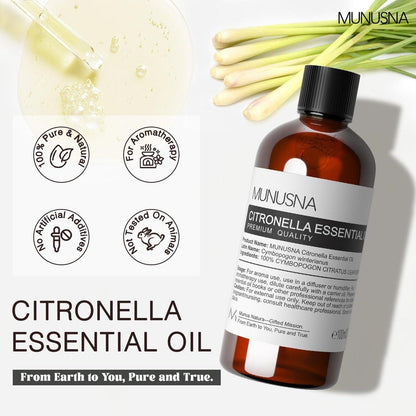 MUNUSNA Citronella Öl 100ml – 100% reines natürliches Citronella-Öl für Aromatherapie, Haut- und Haarpflege, selbstgemachte Sprays, Diffuser, Luftreinigung, Massage, Kerzen- und Seifenherstellung