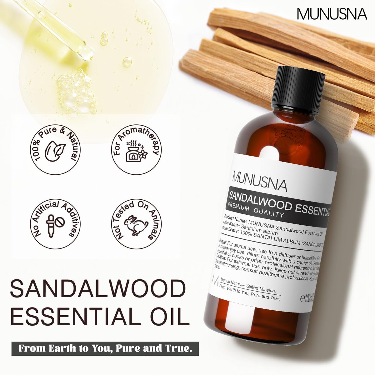 MUNUSNA Sandelholz Ätherisches Öl 100 ml – 100 % reines natürliches Sandelholzöl Premiumklasse für Diffuser, Hautpflege, Haarpflege, Massage, Yoga, Zuhause, Seifen- und Kerzenherstellung