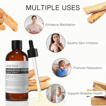MUNUSNA Sandelholz Ätherisches Öl 100 ml – 100 % reines natürliches Sandelholzöl Premiumklasse für Diffuser, Hautpflege, Haarpflege, Massage, Yoga, Zuhause, Seifen- und Kerzenherstellung