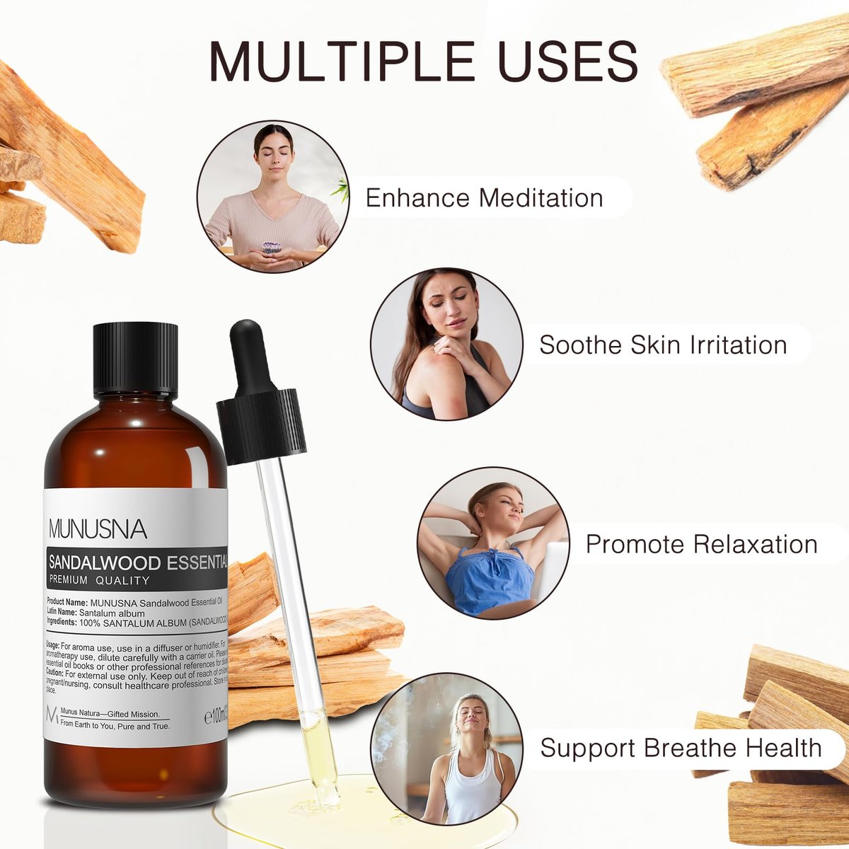 MUNUSNA Sandelholz Ätherisches Öl 100 ml – 100 % reines natürliches Sandelholzöl Premiumklasse für Diffuser, Hautpflege, Haarpflege, Massage, Yoga, Zuhause, Seifen- und Kerzenherstellung
