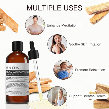 MUNUSNA Sandelholz Ätherisches Öl 100 ml – 100 % reines natürliches Sandelholzöl Premiumklasse für Diffuser, Hautpflege, Haarpflege, Massage, Yoga, Zuhause, Seifen- und Kerzenherstellung