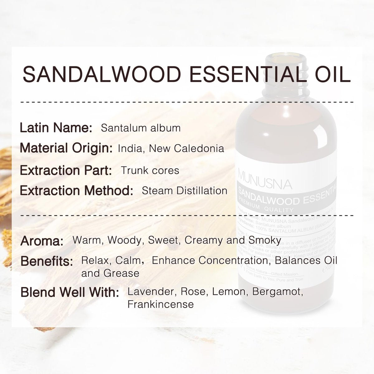 MUNUSNA Sandelholz Ätherisches Öl 100 ml – 100 % reines natürliches Sandelholzöl Premiumklasse für Diffuser, Hautpflege, Haarpflege, Massage, Yoga, Zuhause, Seifen- und Kerzenherstellung