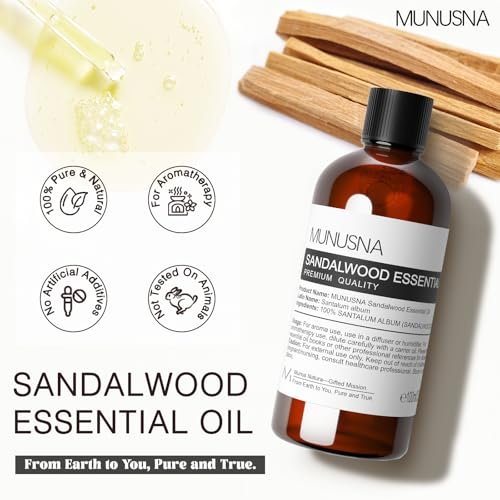 MUNUSNA Sandelholz Ätherisches Öl 100 ml – 100 % reines natürliches Sandelholzöl Premiumklasse für Diffuser, Hautpflege, Haarpflege, Massage, Yoga, Zuhause, Seifen- und Kerzenherstellung