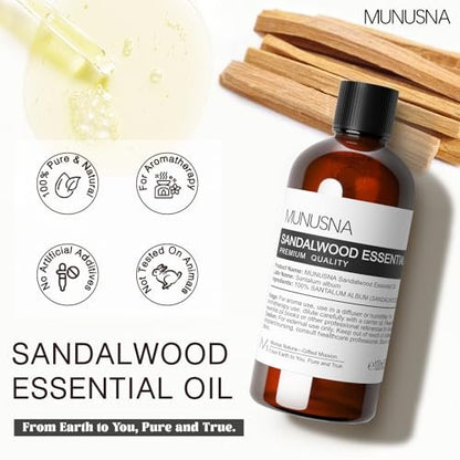 MUNUSNA Sandelholz Ätherisches Öl 100 ml – 100 % reines natürliches Sandelholzöl Premiumklasse für Diffuser, Hautpflege, Haarpflege, Massage, Yoga, Zuhause, Seifen- und Kerzenherstellung