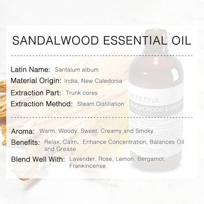 MUNUSNA Sandelholz Ätherisches Öl 100 ml – 100 % reines natürliches Sandelholzöl Premiumklasse für Diffuser, Hautpflege, Haarpflege, Massage, Yoga, Zuhause, Seifen- und Kerzenherstellung