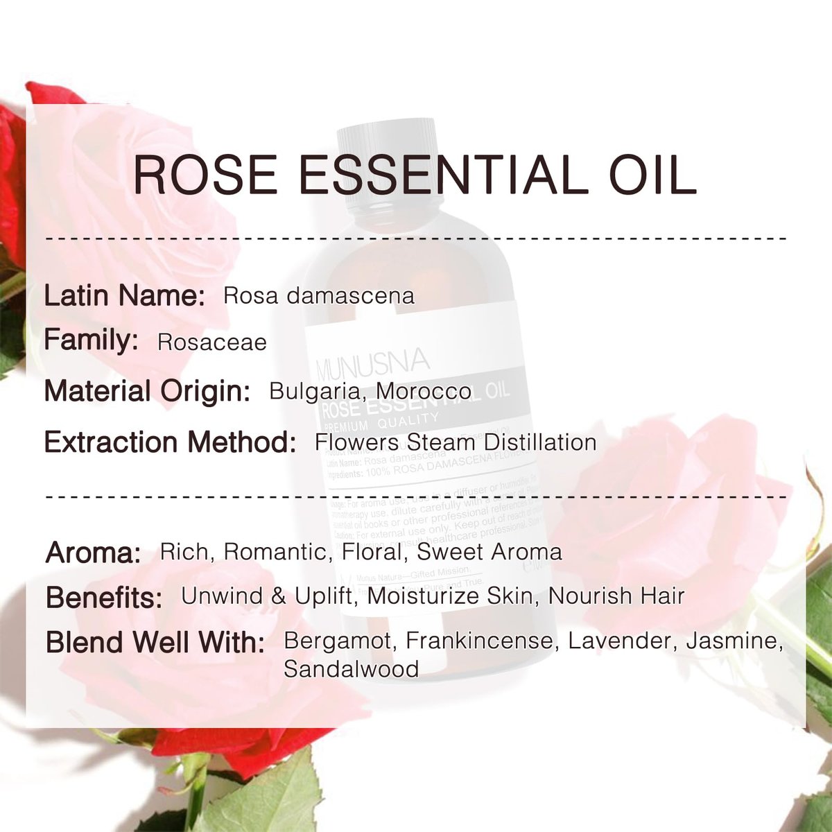 MUNUSNA Rosenöl 100ml – 100% reines natürliches Rosenöl für Haut, Haare und Gesicht, Premium-ätherisches Öl für Diffuser, Massage, Yoga, Bad, Seifen- und Kerzenherstellung