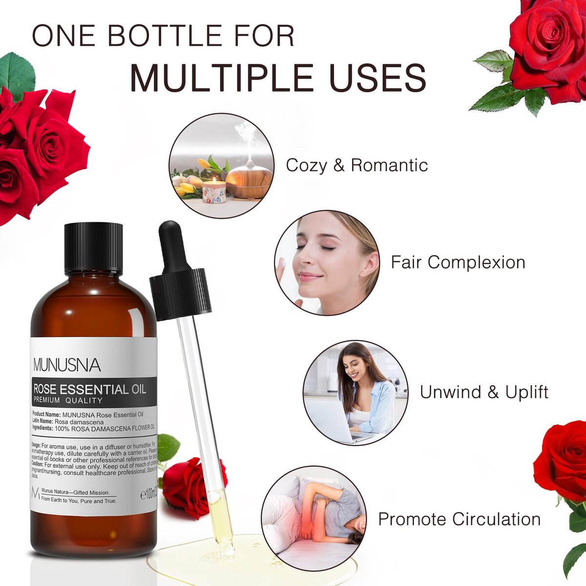 MUNUSNA Rosenöl 100ml – 100% reines natürliches Rosenöl für Haut, Haare und Gesicht, Premium-ätherisches Öl für Diffuser, Massage, Yoga, Bad, Seifen- und Kerzenherstellung