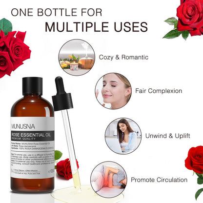 MUNUSNA Rosenöl 100ml – 100% reines natürliches Rosenöl für Haut, Haare und Gesicht, Premium-ätherisches Öl für Diffuser, Massage, Yoga, Bad, Seifen- und Kerzenherstellung