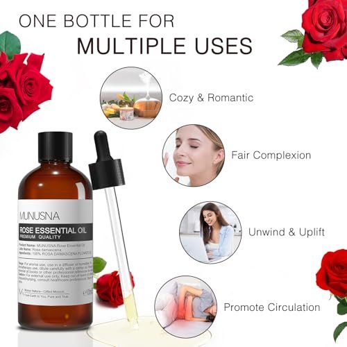 MUNUSNA Rosenöl 100ml – 100% reines natürliches Rosenöl für Haut, Haare und Gesicht, Premium-ätherisches Öl für Diffuser, Massage, Yoga, Bad, Seifen- und Kerzenherstellung