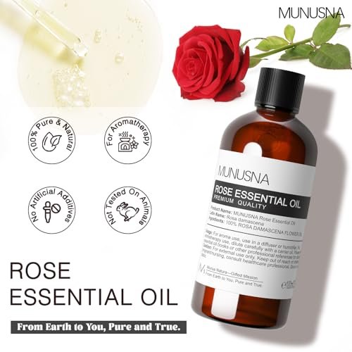MUNUSNA Rosenöl 100ml – 100% reines natürliches Rosenöl für Haut, Haare und Gesicht, Premium-ätherisches Öl für Diffuser, Massage, Yoga, Bad, Seifen- und Kerzenherstellung