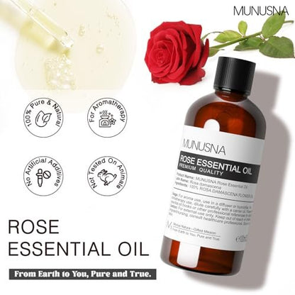 MUNUSNA Rosenöl 100ml – 100% reines natürliches Rosenöl für Haut, Haare und Gesicht, Premium-ätherisches Öl für Diffuser, Massage, Yoga, Bad, Seifen- und Kerzenherstellung