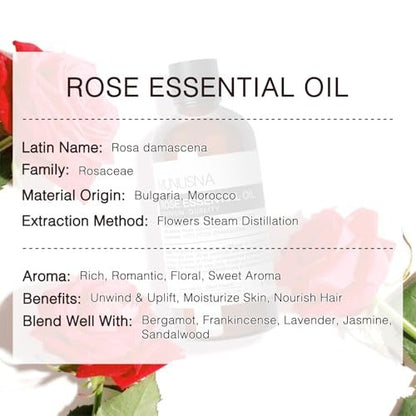 MUNUSNA Rosenöl 100ml – 100% reines natürliches Rosenöl für Haut, Haare und Gesicht, Premium-ätherisches Öl für Diffuser, Massage, Yoga, Bad, Seifen- und Kerzenherstellung