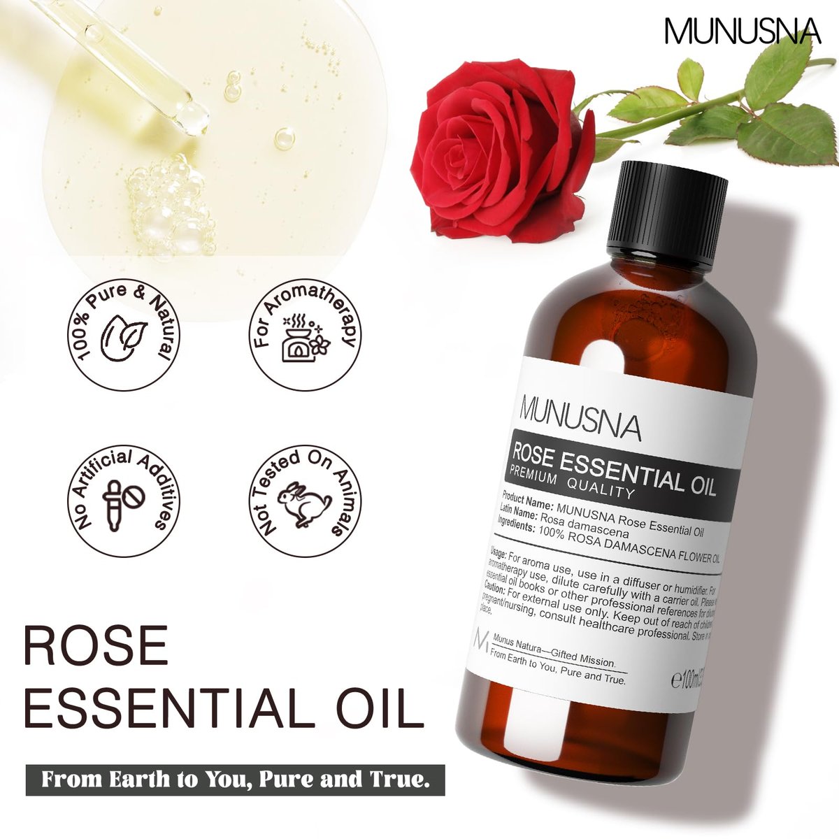 MUNUSNA Rosenöl 100ml – 100% reines natürliches Rosenöl für Haut, Haare und Gesicht, Premium-ätherisches Öl für Diffuser, Massage, Yoga, Bad, Seifen- und Kerzenherstellung