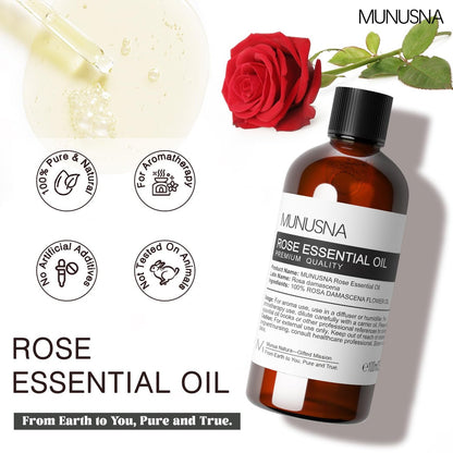 MUNUSNA Rosenöl 100ml – 100% reines natürliches Rosenöl für Haut, Haare und Gesicht, Premium-ätherisches Öl für Diffuser, Massage, Yoga, Bad, Seifen- und Kerzenherstellung