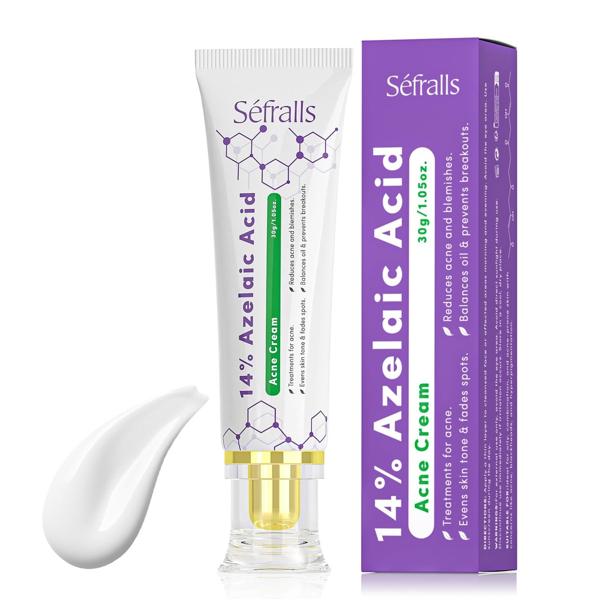Sefralls 14% Azelainsäure Akne Creme – Fortschrittliche Gesichtscreme gegen Rötungen, beugt Pickeln vor, beruhigt Irritationen, klärt die Haut, 30 ml