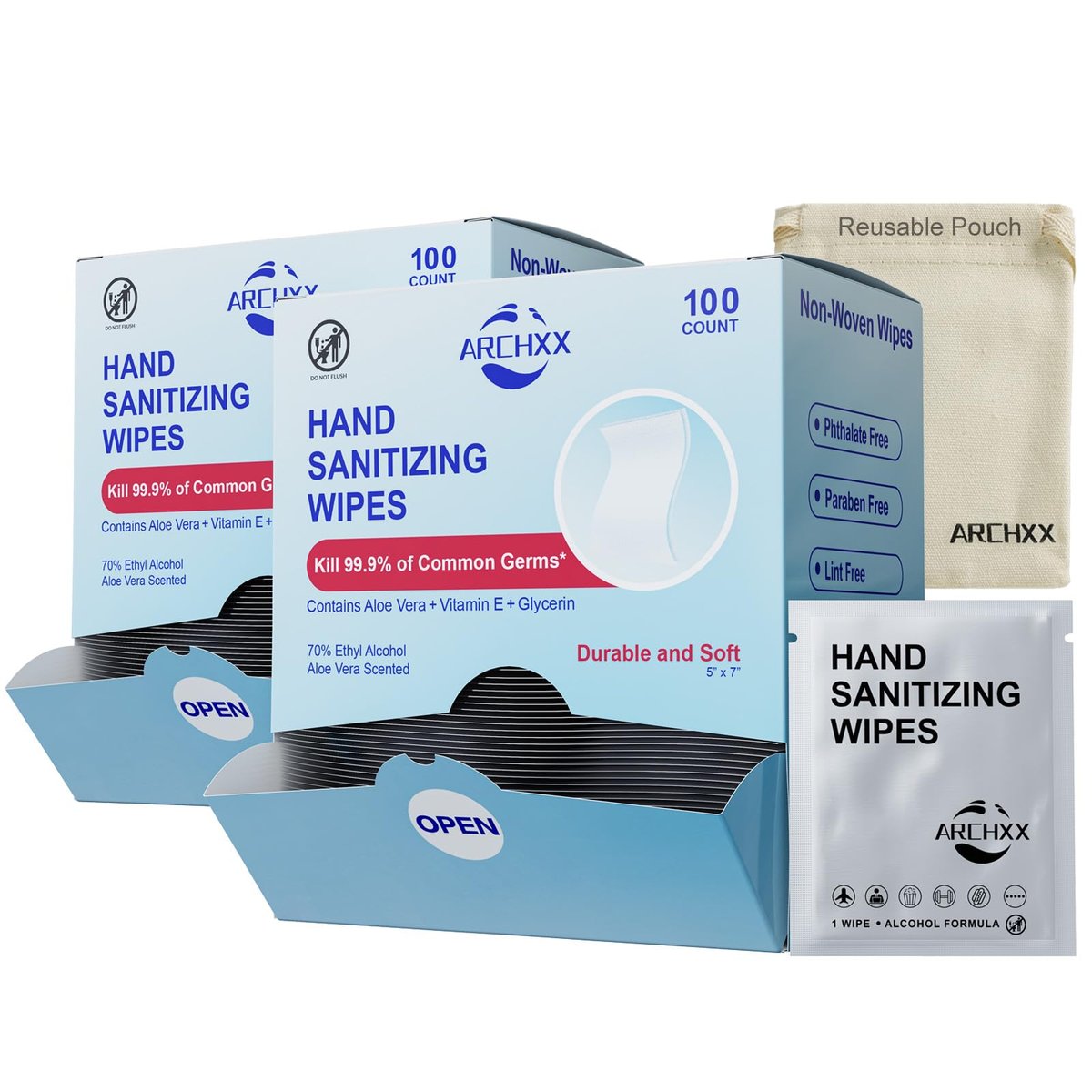 ARCHXX Handreinigungstücher mit Baumwollweichem Gefühl, 200 Stück, Antibakterielle Handtücher einzeln verpackt, 70% Alkohol, Reisegröße, Desinfektion für Zuhause, Büro & Outdoor, Aloe Vera Duft