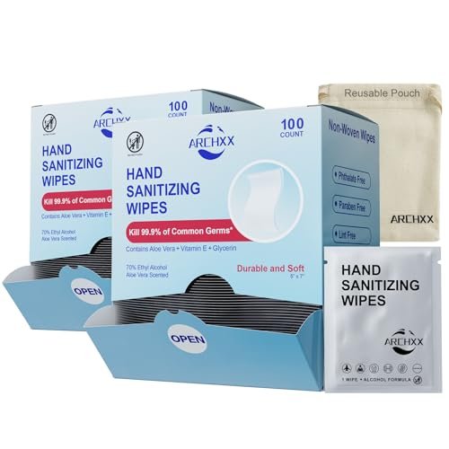 ARCHXX Handreinigungstücher mit Baumwollweichem Gefühl, 200 Stück, Antibakterielle Handtücher einzeln verpackt, 70% Alkohol, Reisegröße, Desinfektion für Zuhause, Büro & Outdoor, Aloe Vera Duft
