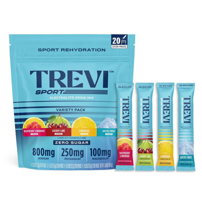 TREVI™ Sport Elektrolyte Pulver Beutel Zuckerfrei - 800 mg Natrium - 250 mg Kalium - 100 mg Magnesium - Wasser Trinkmischung zur Rehydrierung - 20 Stück - Sortenpaket