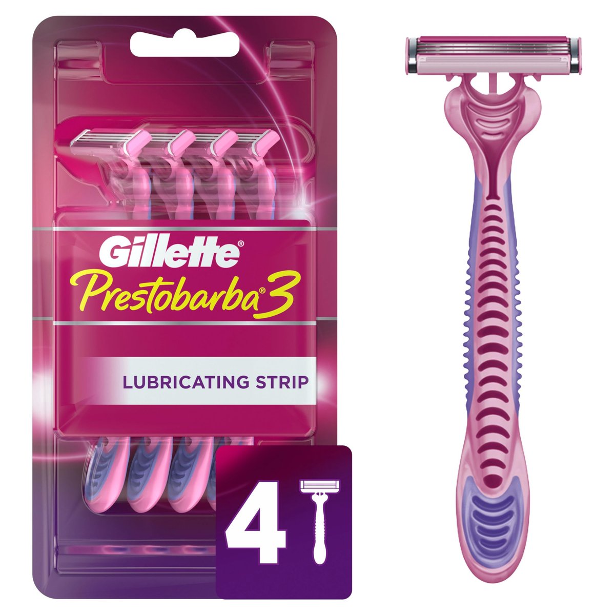 Gillette Prestobarba 3 Einwegrasierer für Männer und Frauen, 4 Stück - Sanfte Rasur mit 3 Klingen